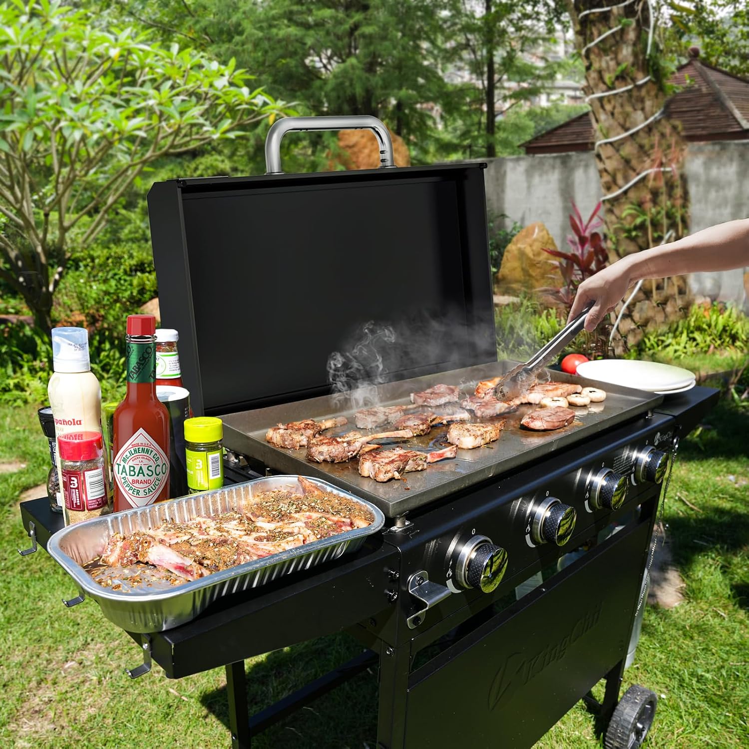 KingChii 32' 4-Burner Griddle with Integrated Protective Hood and Counter Height Side Shelves, Powder Coated Steel, for Breakfast, BBQ & Grilling w/Steel Cooking Surface,Black