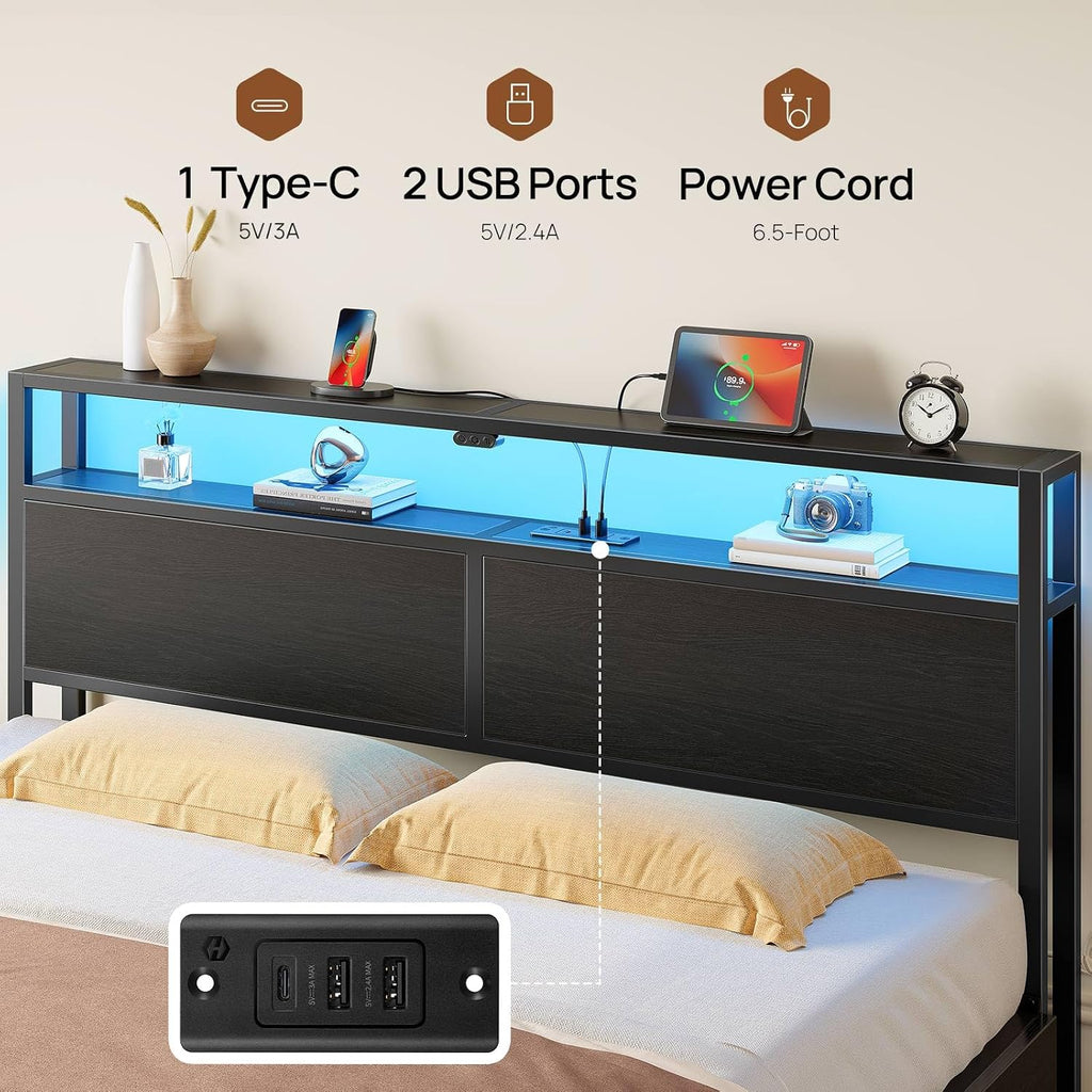 Rolanstar Queen Bed Frame with 4 Storage Drawers, Charging Station and LED Lights, Metal Platform Bed with 2-Tier Storage Headboard, No Box Spring Needed, Easy Assembly, Noise-Free, Black