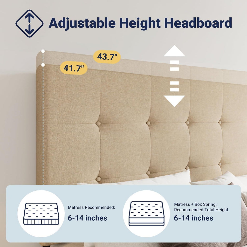 Allewie Upholstered King Size Platform Bed Frame with 4 Storage Drawers and Headboard, Square Stitched Button Tufted, Mattress Foundation with Wooden Slats Support, No Box Spring Needed, Beige