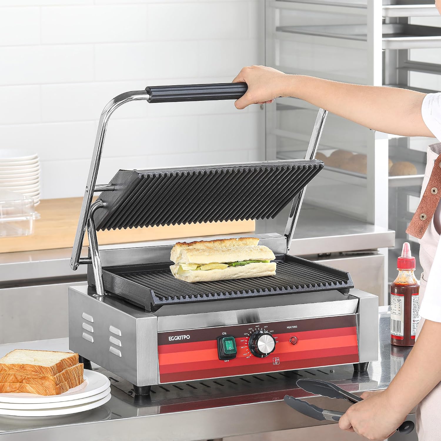 EGGKITPO Commercial Panini Press Grill with Grooved Plates Electric Sandwich Maker with Adjustable Temp Control 110V 1700W 14'×9.5' Ribbed Enamel Plates for Breakfast and Hamburger in Home Kitchen