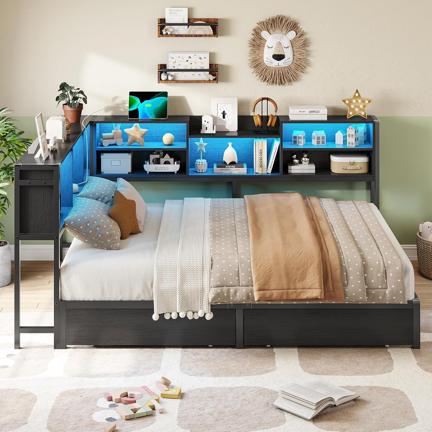 DICTAC Full Corner Bed Frame with Bookcase Storage and Led Lights Metal Platform Bed Frame with 2 Drawers and Charging Station Full Size Daybed with Storage for Living Room,Bedroom,Guest,Black