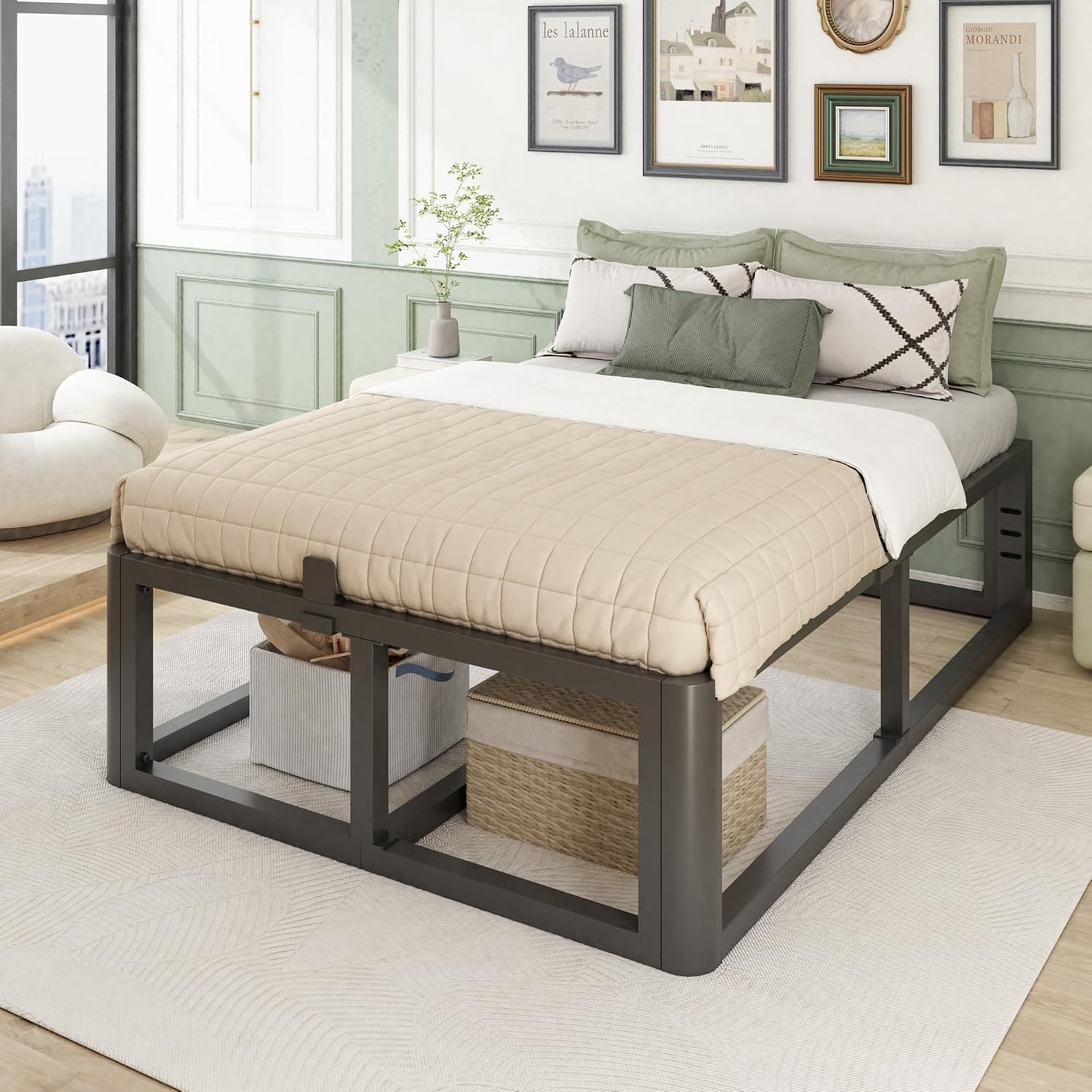 Firpeesy Metal Heavy Duty 18 inch King Bed Frame with Rounded Corner and Headboard Hole Mattress Retainers 3500 LBS No Box Spring Needed Platform Noise Free Easy Assembly