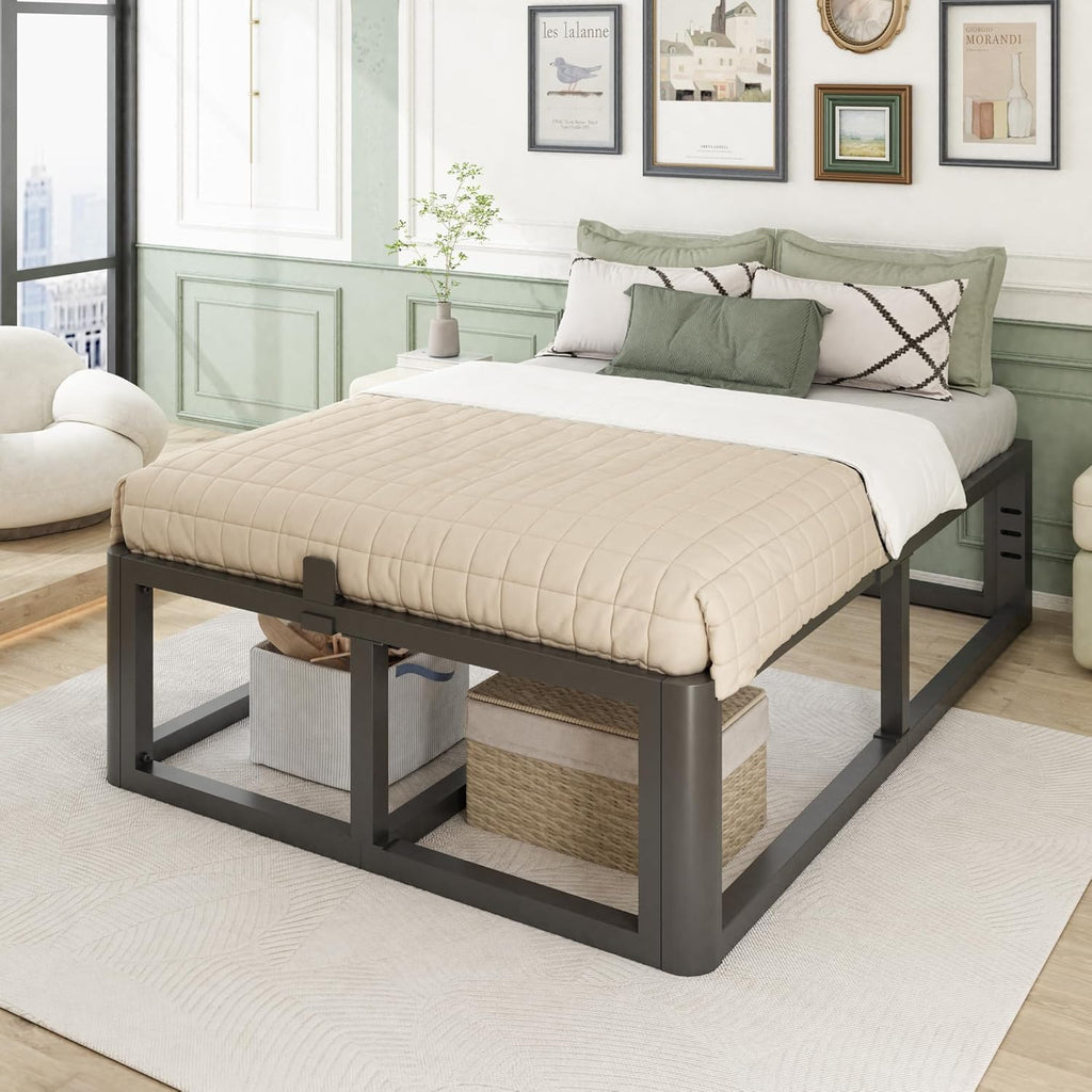 Firpeesy Metal Heavy Duty 18 inch California King Bed Frame with Rounded Corner and Headboard Hole Mattress Retainers 3500 LBS No Box Spring Needed Platform Noise Free Easy Assembly