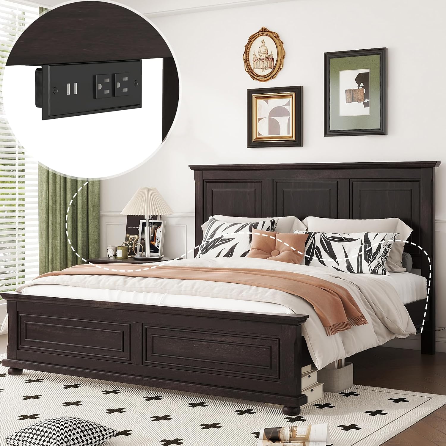 Mirightone Farmhouse King Bed Frame with High Headboard & Footboard, Solid Wood Rustic Bedroom Furniture Set with USB Charging Station, Under Bed Storage, No Box Spring Needed,Antique Brown