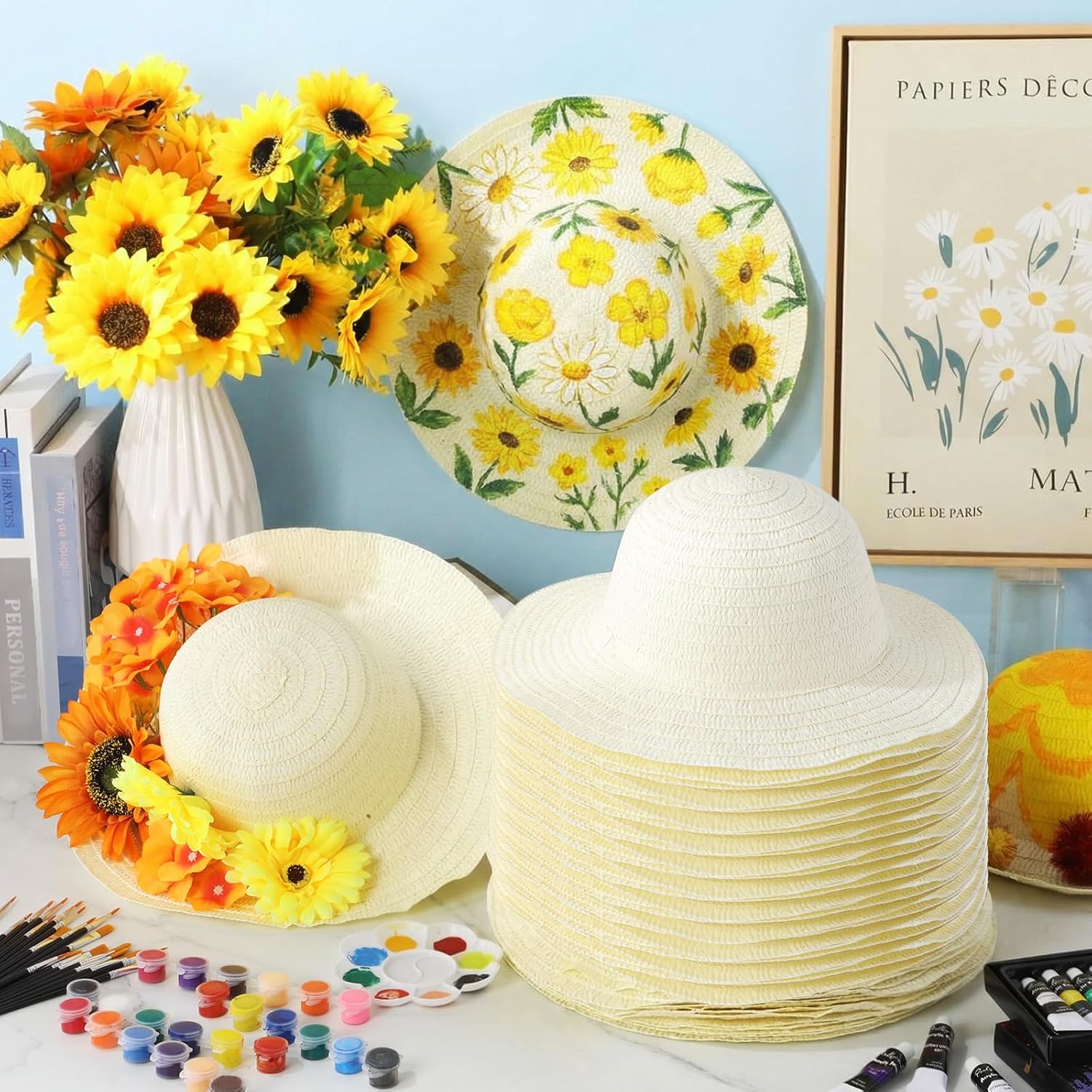 Chicingyou DIY Tea Party Straw Hats Bulk, Plain Beach Sun Cowboy Hats for Men Women Craft Birthday Gift Favor Summer Supplies