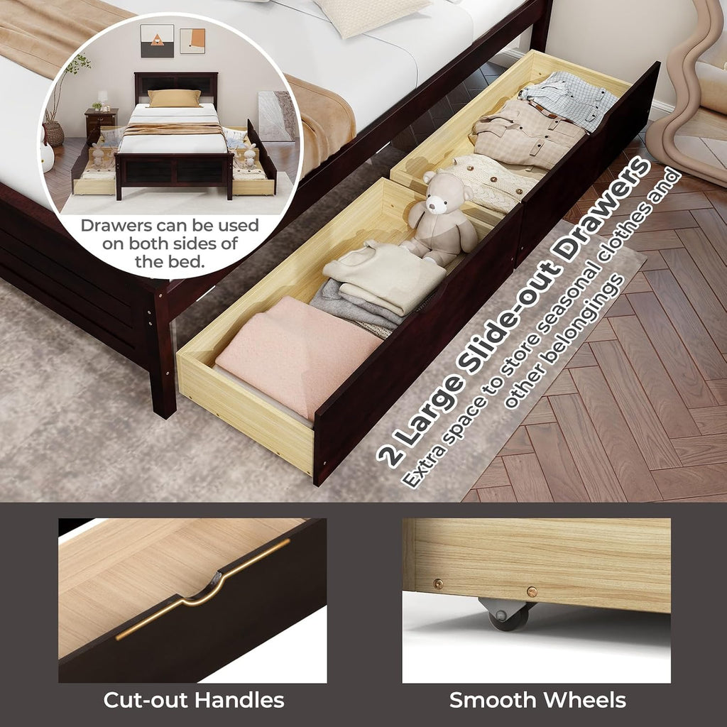 Giantex Wood Twin Bed with 2 Storage Drawers, Solid Wood Platform Bed with Headboard, Wooden Slats Support Mattress Foundation, No Spring Needed, Twin Bed Frame for Kids, Teens, Adults, Espresso