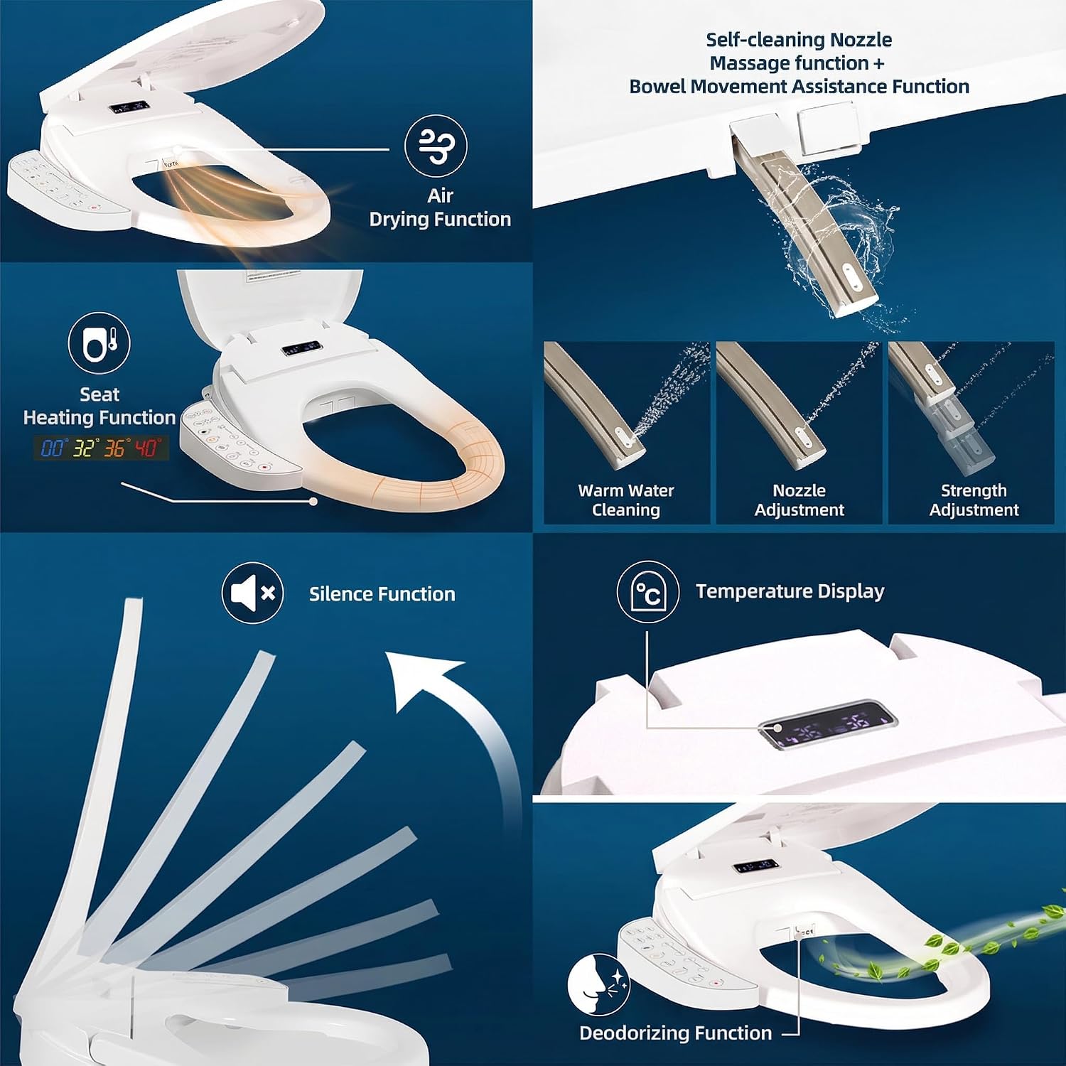 Electric Heated Bidet Toilet Seat with Touch Panel, Warm Water Wash, Self-Cleaning Nozzle, Warm Air Dryer, Deodorizer, Soft-Close Lid, LED Display & Night Light, Easy Install, Elongated