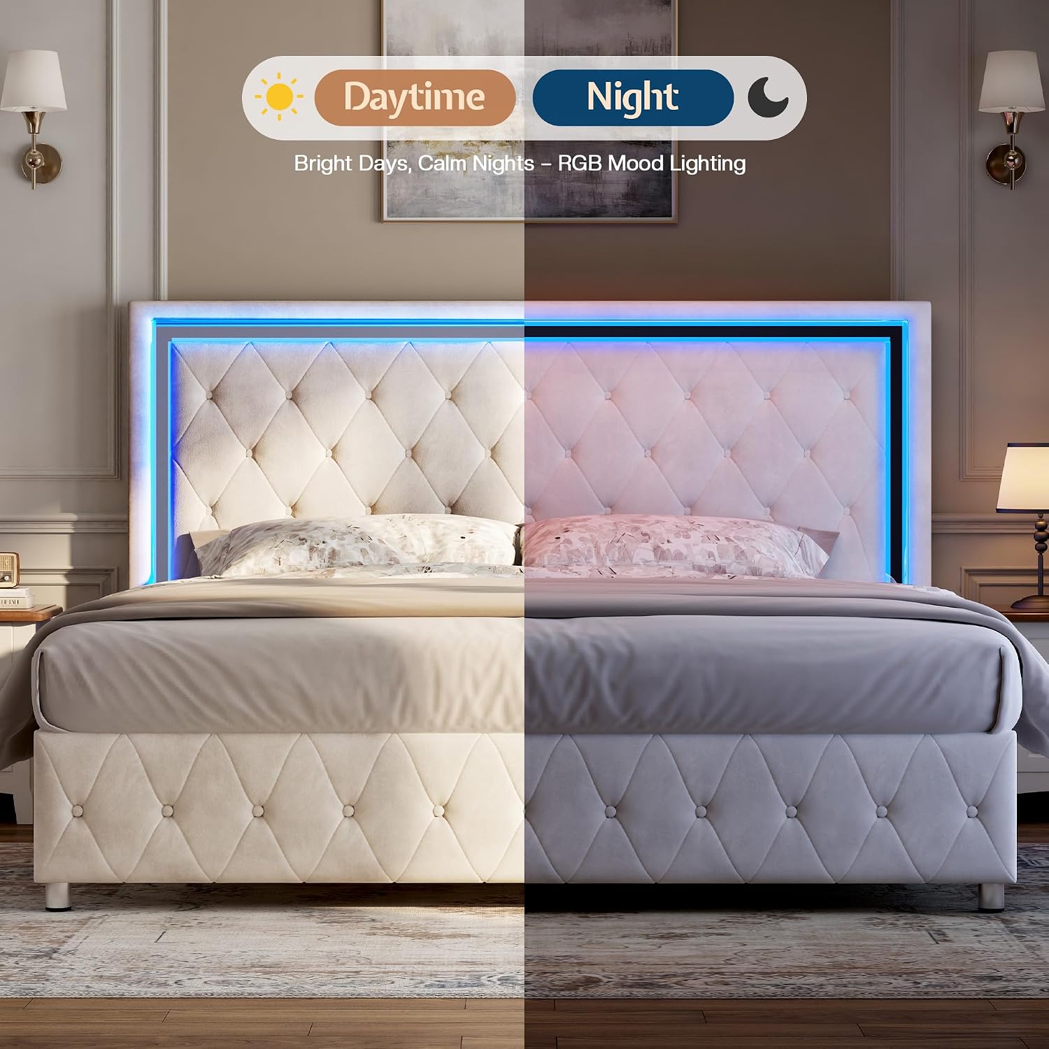 Jocisland Full Bed Frame with LED Lights Headboard&Footboard, Velvet Upholstered Full Size Platform Bed Frame No Box Spring Needed/Cream