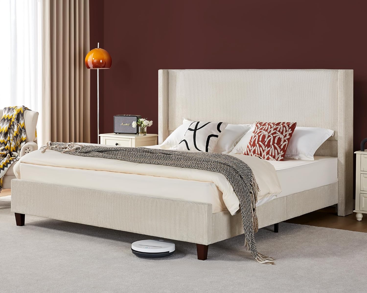 VanAcc King Size Platform Bed Frame, 50.8' Corduroy Upholstered Bed with Vertical Channel Tufted Headboard/Wooden Slats/Wingback/No Box Spring Required/Beige