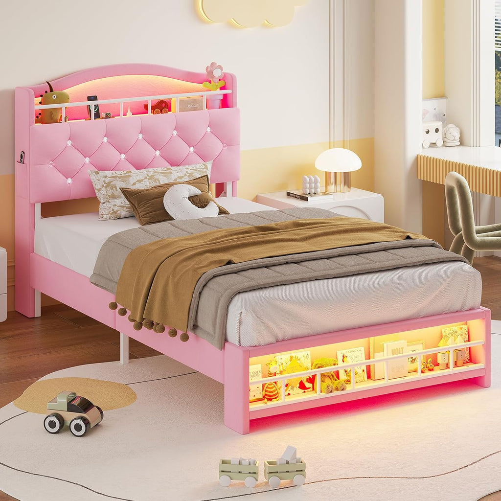 HAUOMS Twin Size Bed Frame with LED Lights, Princess Velvet Upholstered Platform Bed for Girls, Headboard with Charging Station & Guardrail & Crystal Button, No Box Spring Needed, Pink