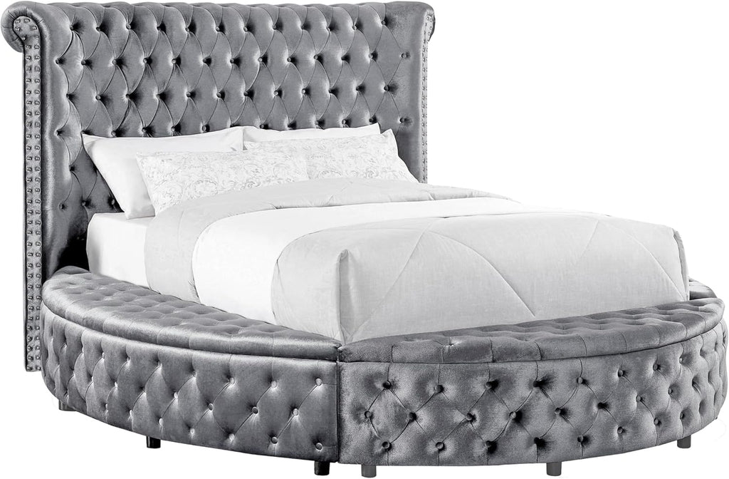 Furniture of America Rhodo Fabric Upholstered 3-Piece Bedroom Set, King Size Platform Bed and 2-Drawer Nightstands with USB Port, Button Tufted Headboard, No Box Spring Required, Gray