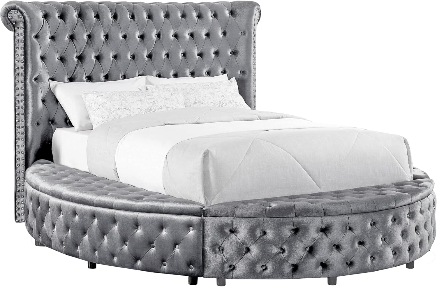 Furniture of America Rhodo Fabric Upholstered 3-Piece Bedroom Set, King Size Platform Bed and 2-Drawer Nightstands with USB Port, Button Tufted Headboard, No Box Spring Required, Gray