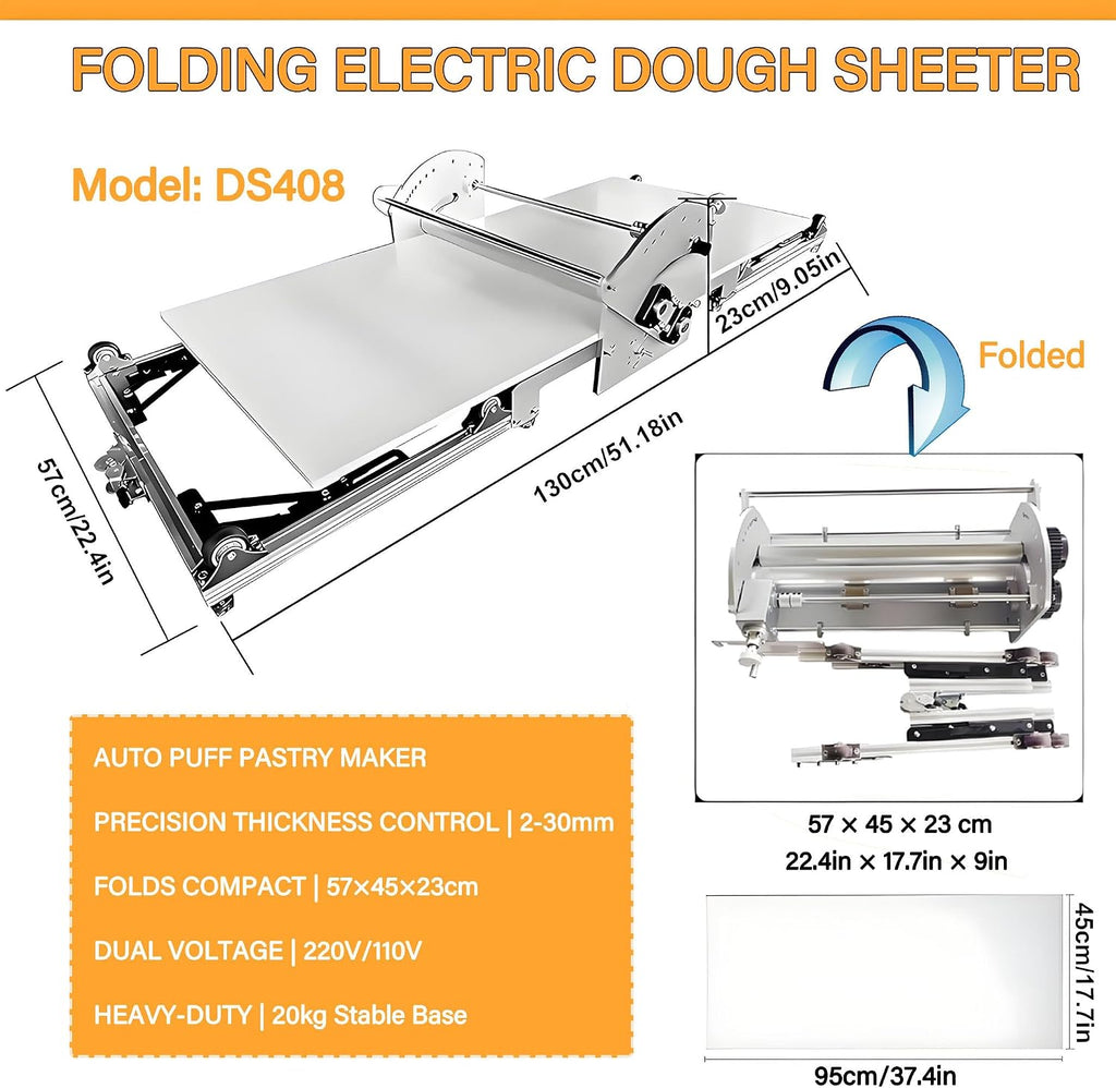 Commercial Dough Sheeter - Electric Puff Pastry Maker with Adjustable Thickness 2-30mm, Foldable Design for Restaurant, Bakery & Home Use DS408