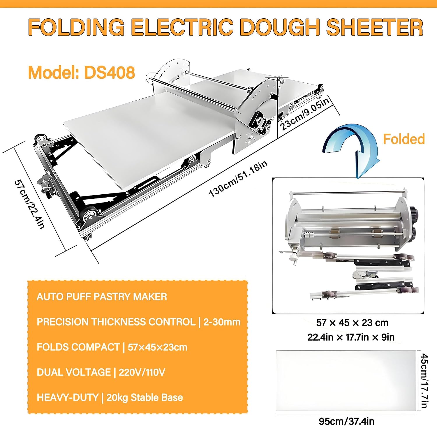 Commercial Dough Sheeter - Electric Puff Pastry Maker with Adjustable Thickness 2-30mm, Foldable Design for Restaurant, Bakery & Home Use DS408