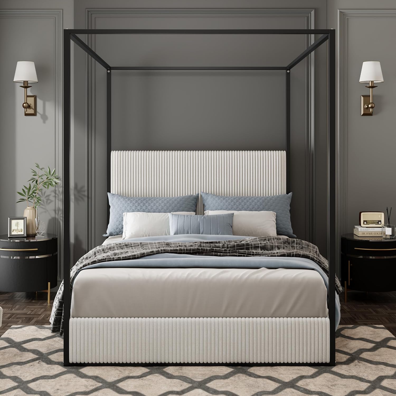 Queen Size Canopy Bed with Tall Upholstered Channel Headboard, Metal 4 Poster Upholstered Bed, No Box Spring Needed (Black + White, Queen)