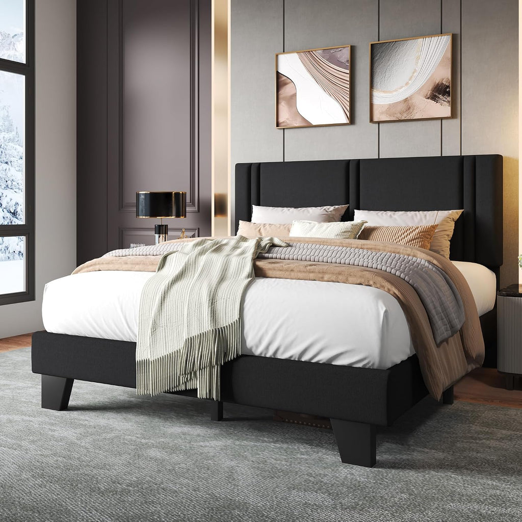 Einhomn Upholstered Full Size Bed Frame with Linen Fabric Headboard, Strong Wooden Slats Support, Noise Free, No Box Spring Needed, Black