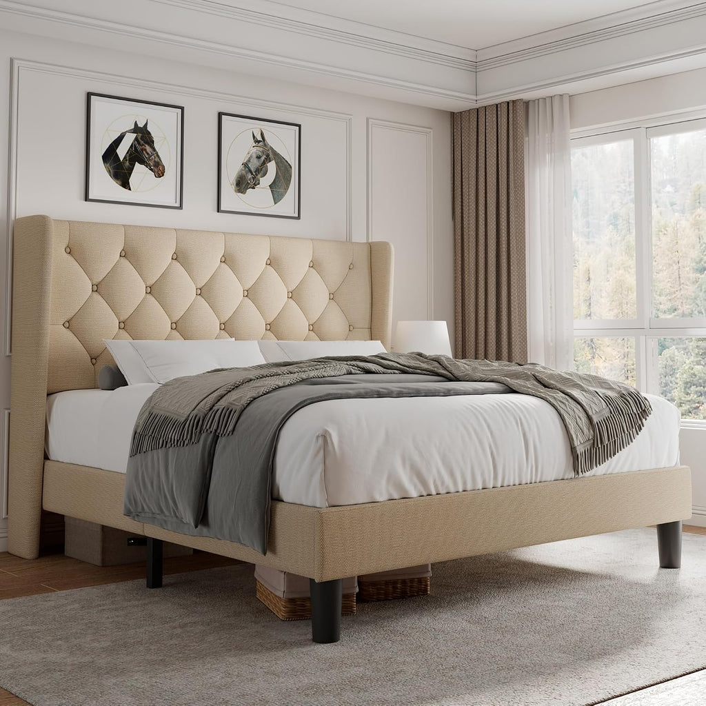 iPormis Full Size Platform Bed Frame with Button Tufted Headboard, Upholstered Bed Frame with Solid Wooden Slats, 8' Underbed Space, No Box Spring Needed, Noise Free, Easy Assembly, Beige