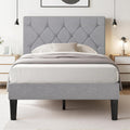 VECELO Twin Bed Frame with Button Tufted Headboard, Upholstered Platform with Wooden Slat Support, No Box Spring Needed, Linen Grey