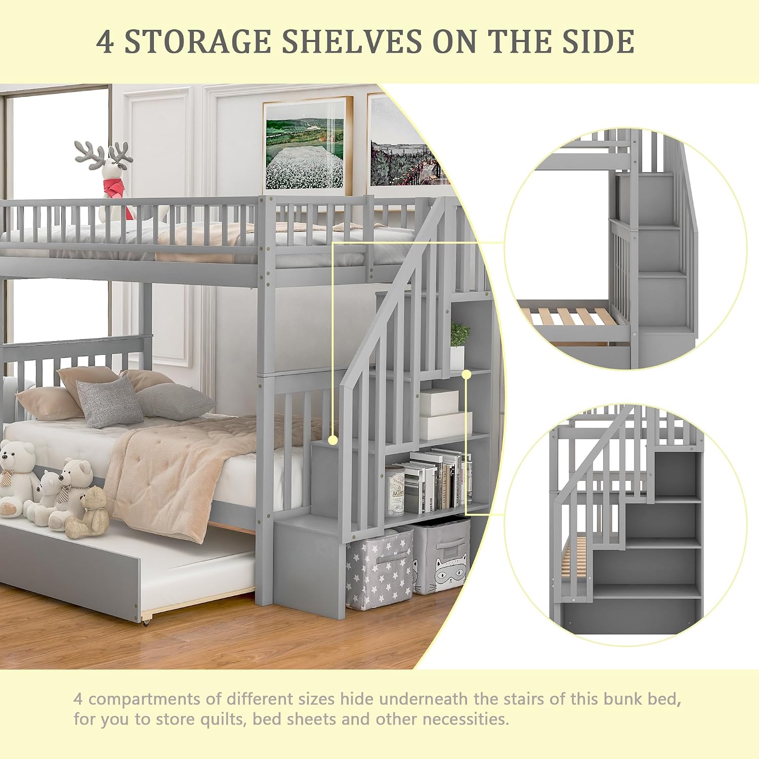 Harper & Bright Designs Twin-Over-Twin Bunk Bed with Trundle and Storage Staircase, Solid Wood 3 in 1 Stairway Bunk Bed with Trundle