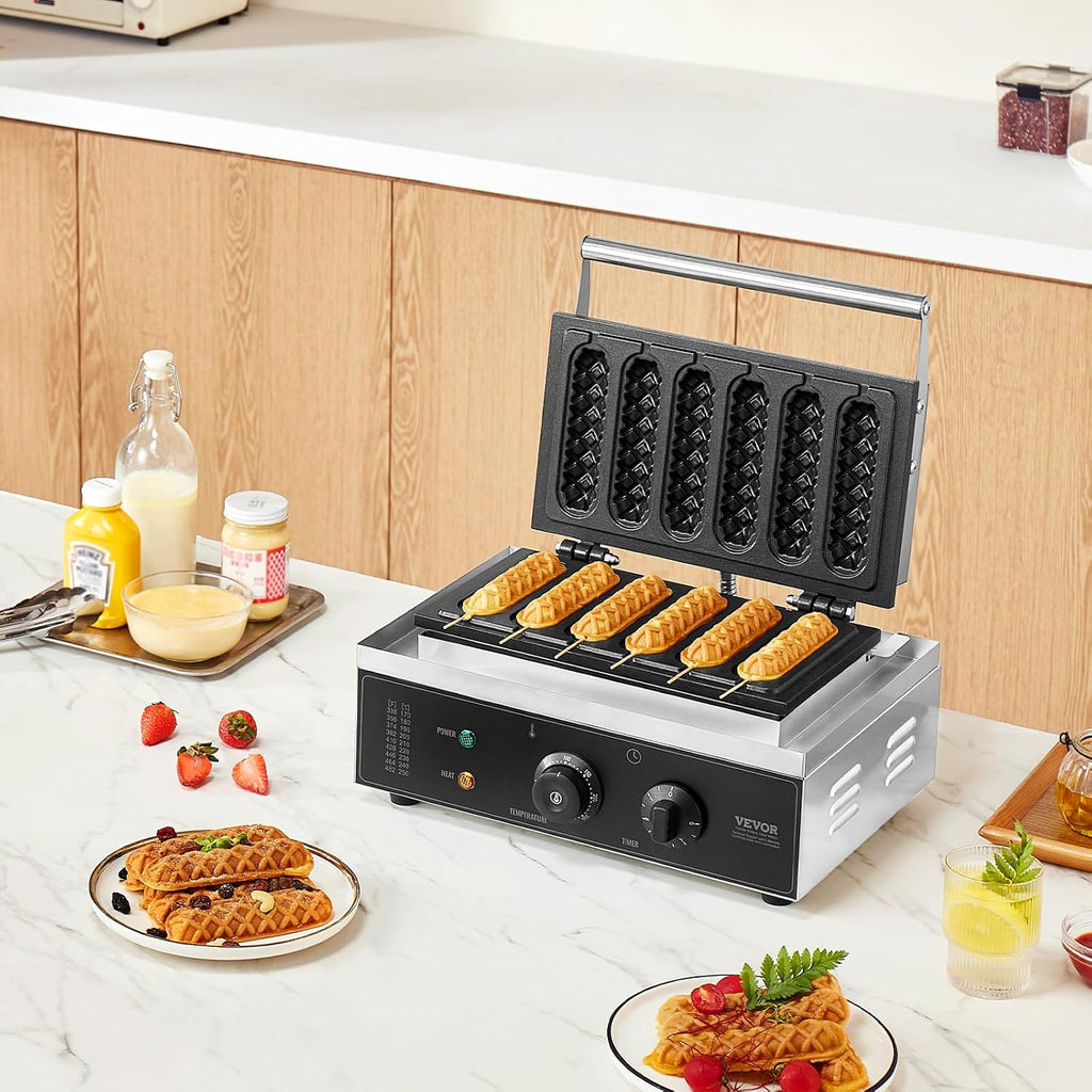 VEVOR Commercial Waffle Stick Maker, 6PCS 1500W Waffle Baker Machine, Non-Stick Stainless Steel Corn Hot Dog Waffle Iron with Temp and Time Control, Handle, for Restaurant Bakery Snack Bar Family
