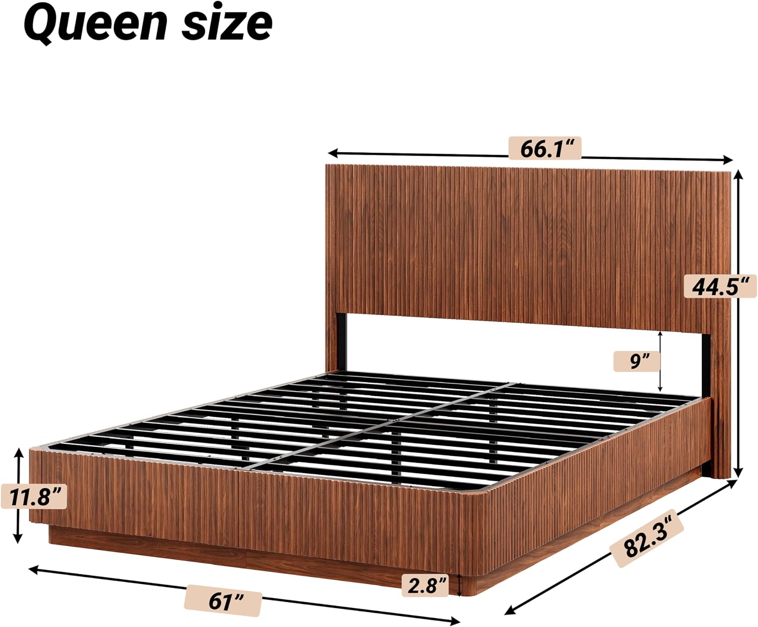ivoros Mid Century Modern Bed Frame Queen Size, Fluted Platform Bed Frame with Headboard, Wood and Steel Platform Beds with LED Lights, Heavy Metal Frame Support, No Box Spring Needed, Walnut