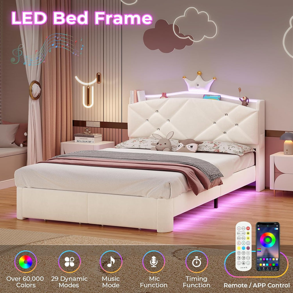 MSmask Full LED Bed Frame with Storage Headboard & 2 Storage Drawers, Princess Upholstered Bed with Charging Station & Crystal Button & Crown, Velvet Platform Bed for Girls, Curved Legs, Cream White