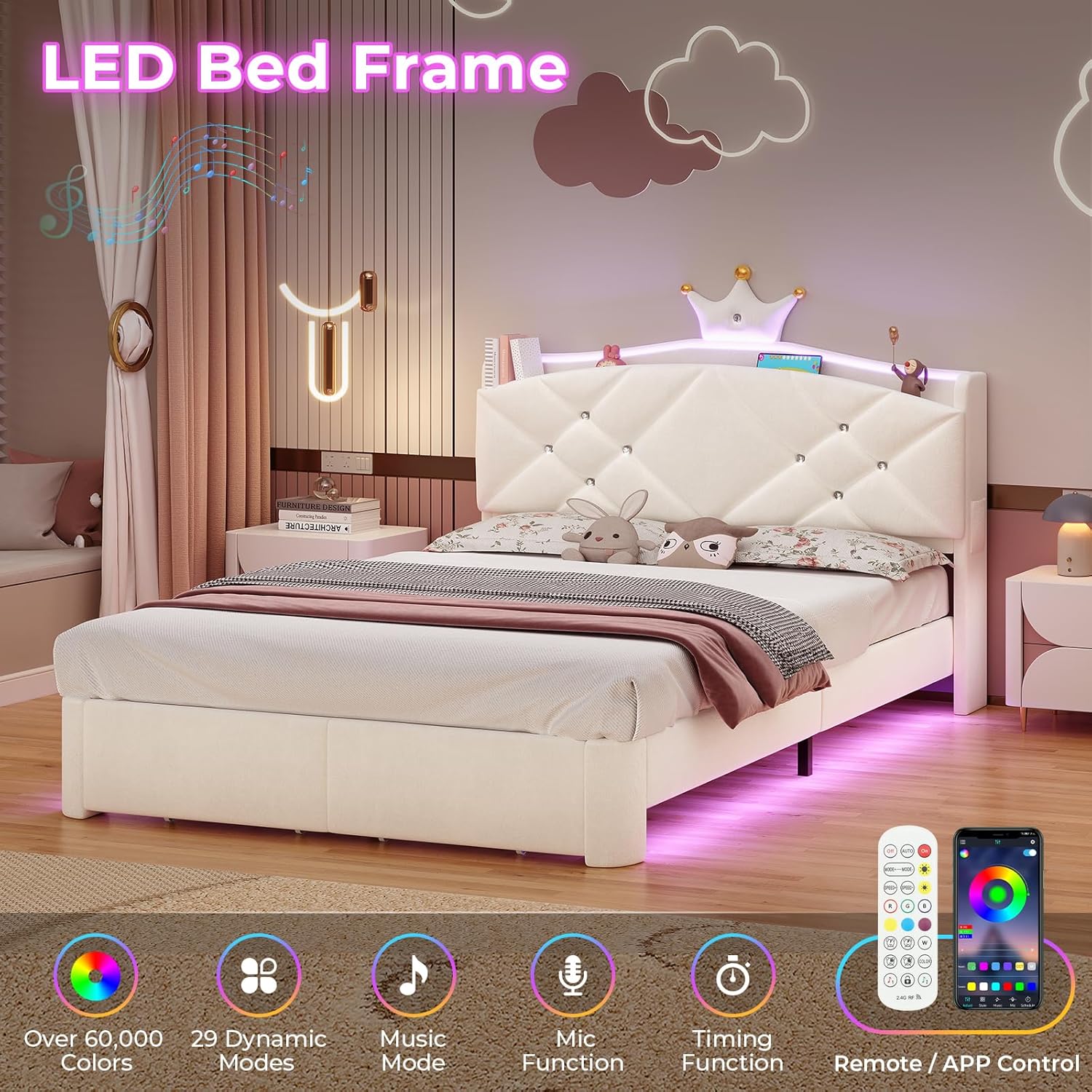 MSmask Full LED Bed Frame with Storage Headboard & 2 Storage Drawers, Princess Upholstered Bed with Charging Station & Crystal Button & Crown, Velvet Platform Bed for Girls, Curved Legs, Cream White