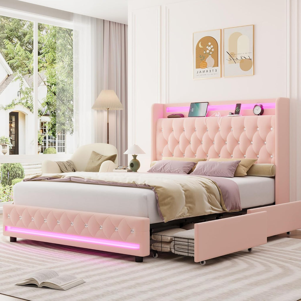 HIFIT Upholstered Queen LED Bed Frame with Charging Station and 2 Storage Drawers, Velvet Crystal Button-Tufted Wingback Headboard, Princess Platform Bed Frames for Girls, No Box Spring Needed, Pink