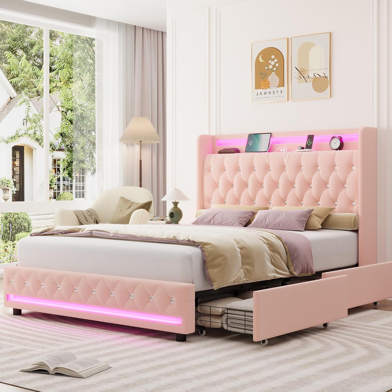 HIFIT Upholstered Queen LED Bed Frame with Charging Station and 2 Storage Drawers, Velvet Crystal Button-Tufted Wingback Headboard, Princess Platform Bed Frames for Girls, No Box Spring Needed, Pink