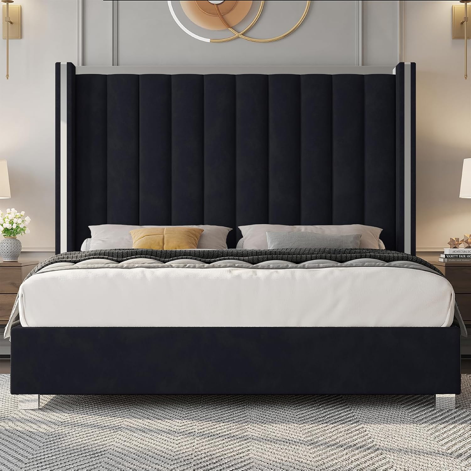 Jocisland Queen Size Bed Frame with 58' Tall Headboard, Velvet Upholstered Platform Bed with Channel Tufted Wingback Headboard and Plating Trim, No Box Spring Needed, Black