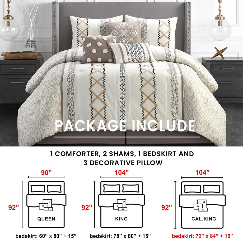 Grand Avenue Luxury 7 Piece Cozy Boho Comforter Set California King Beige Embroidered Girls Bedding Premium Microfiber All Season Home Décor