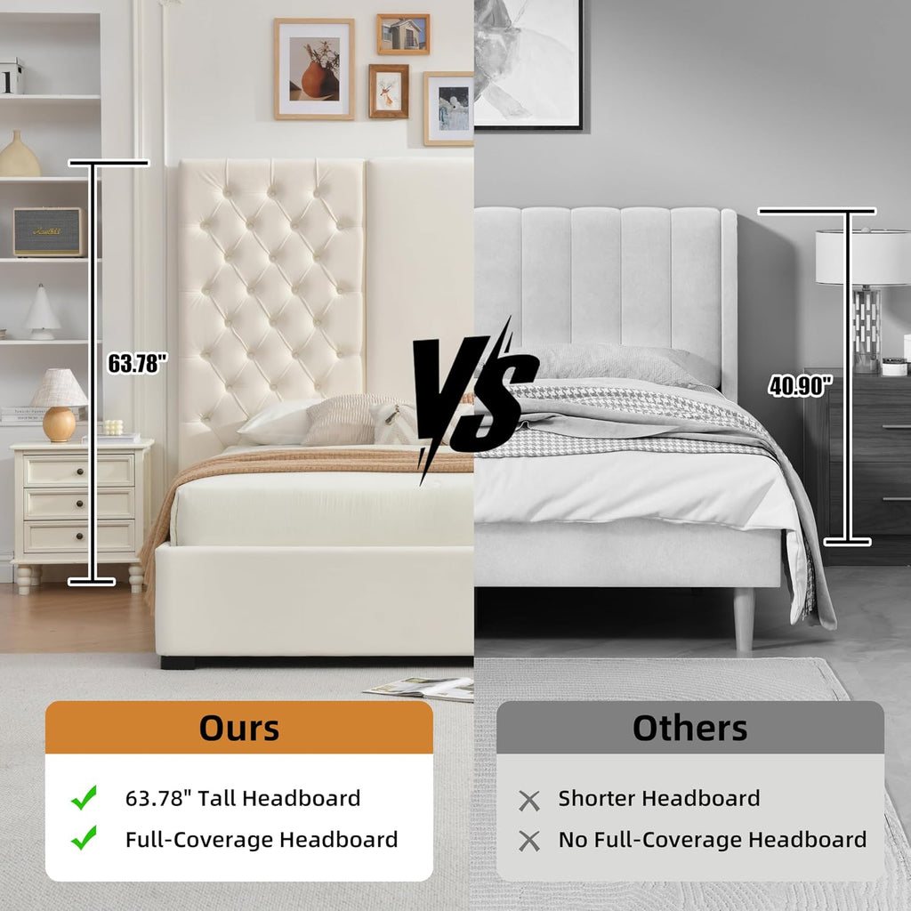 Queen Size Bed Frame with 63' Tall Headboard, Velvet Fabric Upholstered Platform Bed with 2 Large Storage Drawers, Deep Button Tufted, Wooden Slats, Easy Assembly, No Box Spring Needed, Cream