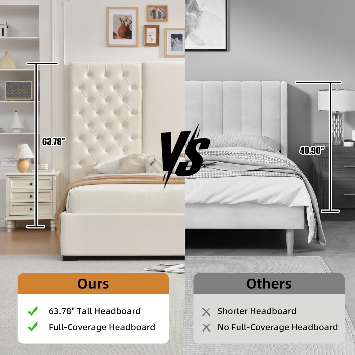 Queen Size Bed Frame with 63' Tall Headboard, Velvet Fabric Upholstered Platform Bed with 2 Large Storage Drawers, Deep Button Tufted, Wooden Slats, Easy Assembly, No Box Spring Needed, Cream