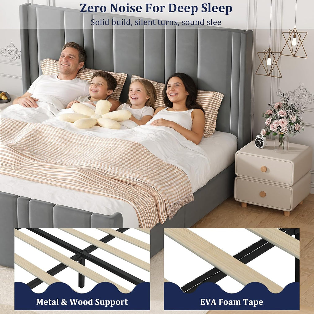 HOMBCK Full Size Bed Frame, Velvet Upholstered Platform Bed Frame Full with Vertical Channel Tufted Headboard & Footboard, Wooden Slats/Noise Free/No Box Spring Needed/Easy Assembly, Grey