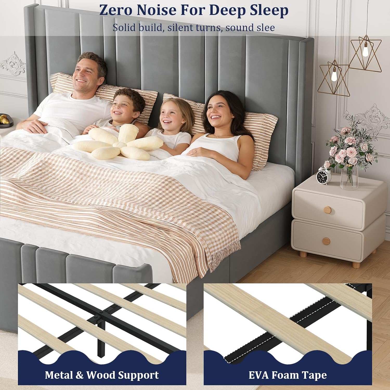 King Size Bed Frame and Headboard, Modern Velvet Upholstered Bed Frame with Vertical Channel Tufted Headboard & Footboard, Soft Bed Frame King, Noise Free, No Box Spring Needed, Easy Assembly, Grey