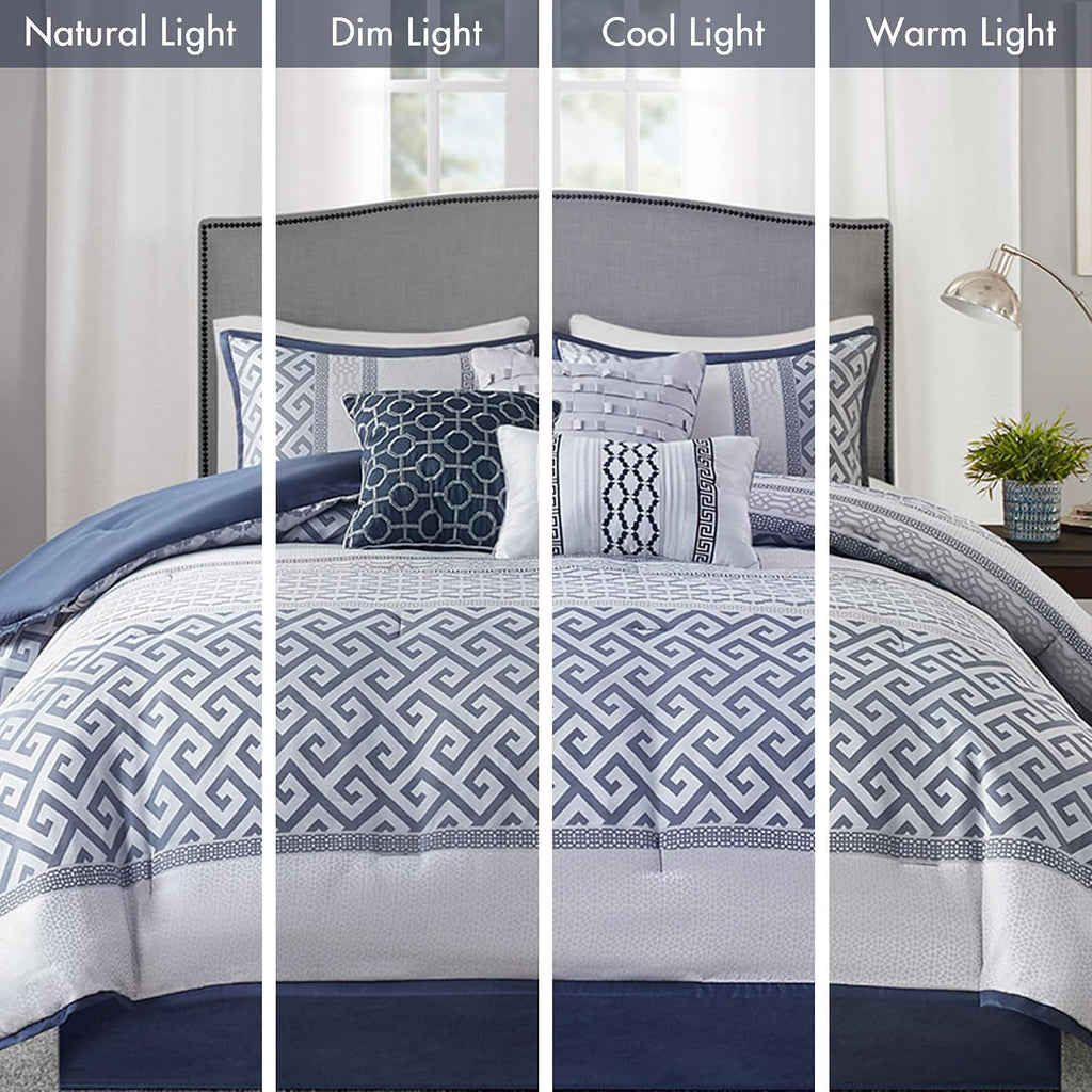 Madison Park Luxury Comforter Set-Traditional Jacquard Design All Season Down Alternative Bedding, Matching Bedskirt, Decorative Pillows, King(104'x92'), Bennett, Geometric Navy 7 Piece