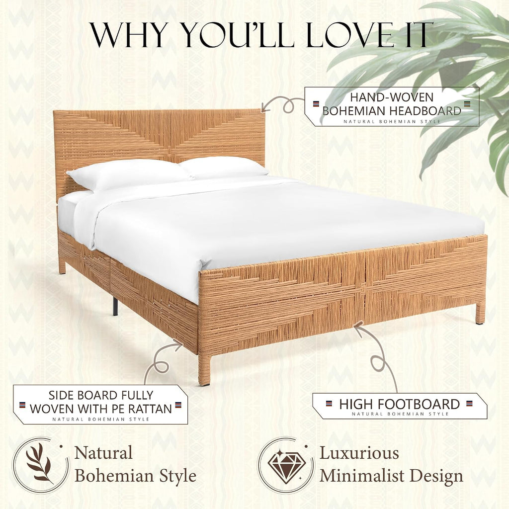 Yechen Queen Rattan Style Boho Bed Frame with Headboard and Footboard, Mid Century Modern Hand-Woven Wicker Bedframe with Vintage Pattern, Bamboo Bed with Metal Slats, No Box Spring Needed, 1000lbs