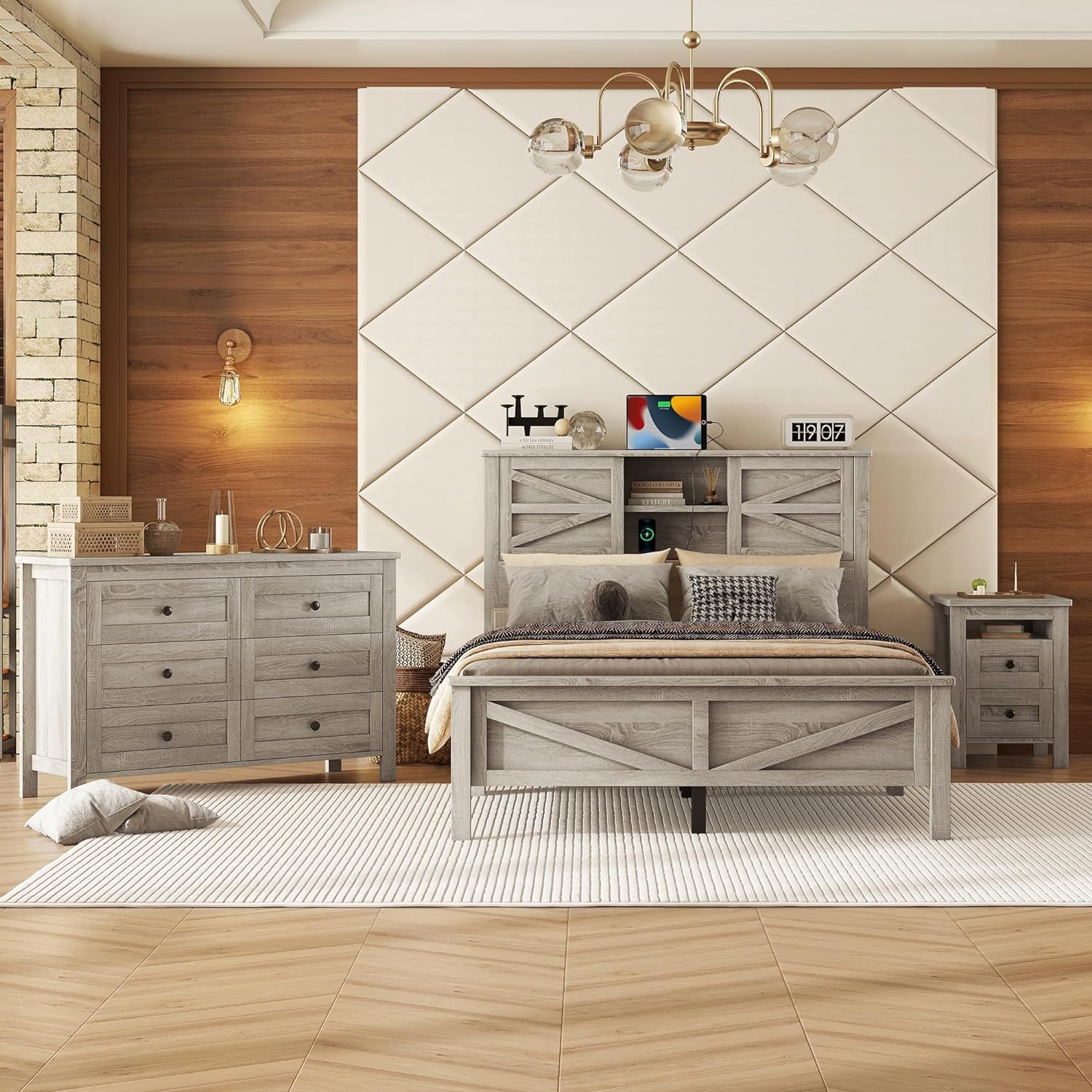 SOFTSEA 3 Piece Wood Platform Bed Set, Full Size Bed Frame with Sliding Door Storage Headboard, Storage Nightstand and Dresser, Farmhouse Bedroom Set with Charging Station, Antique Gray