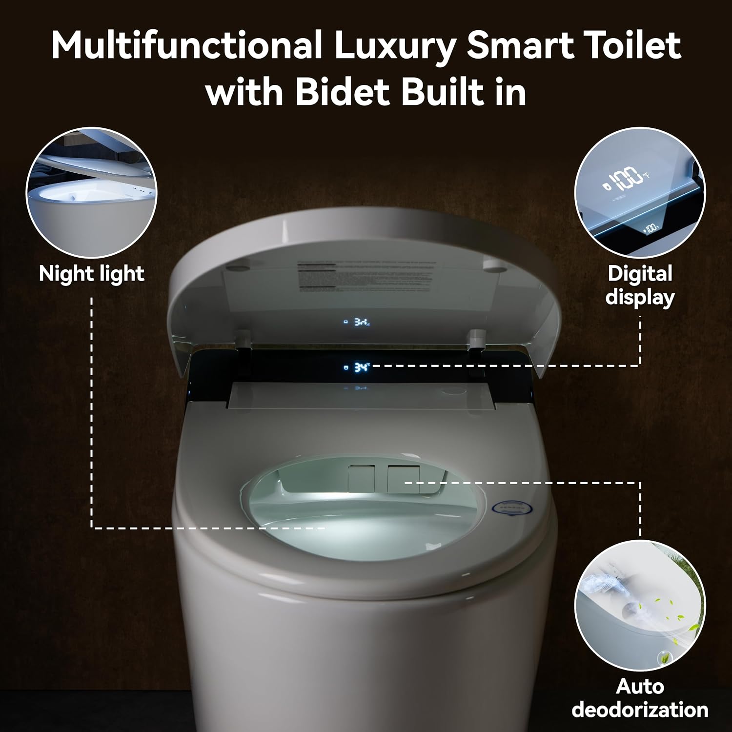 Smart Toilet with Bidet Built in,Smart Toilet with Tank,Dual Auto Flush,Foam Dispenser,Deodorization,Foot Sensor,Blackout Flush,Heated Seat,Warm Water,Bidet Toilet for Modern Bathroom,Night Light