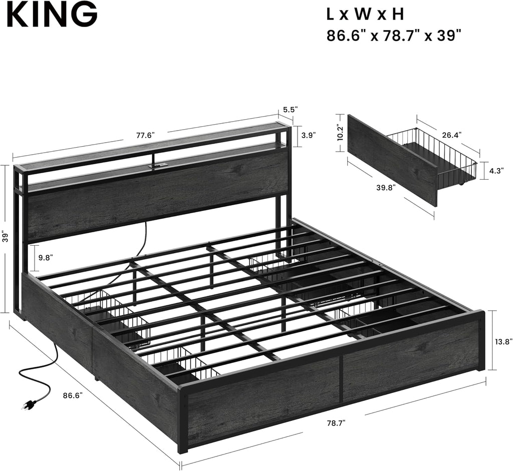 LIKIMIO King Size Bed Frame with 4 Storage Drawers, 2-Tier Storage Headboard with Charging Station, Double Bed Frame King Size for Bedroom, No Box Spring Needed, Easy Assembly, Charcoal Grey
