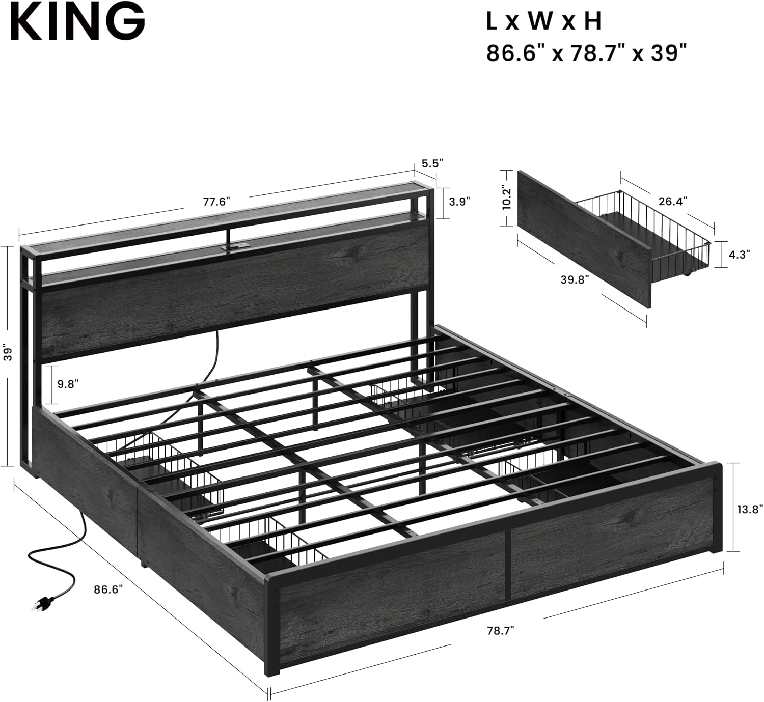LIKIMIO King Size Bed Frame with 4 Storage Drawers, 2-Tier Storage Headboard with Charging Station, Double Bed Frame King Size for Bedroom, No Box Spring Needed, Easy Assembly, Charcoal Grey