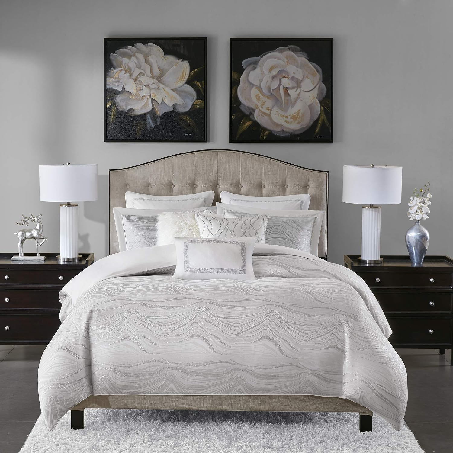 Madison Park Signature Glam Cozy Comforter Set - All Season Bedding Combo Filled Insert and Removable Duvet Cover, Shams, Decorative Pillows, Metallic White Queen(92'x96') 9 Piece