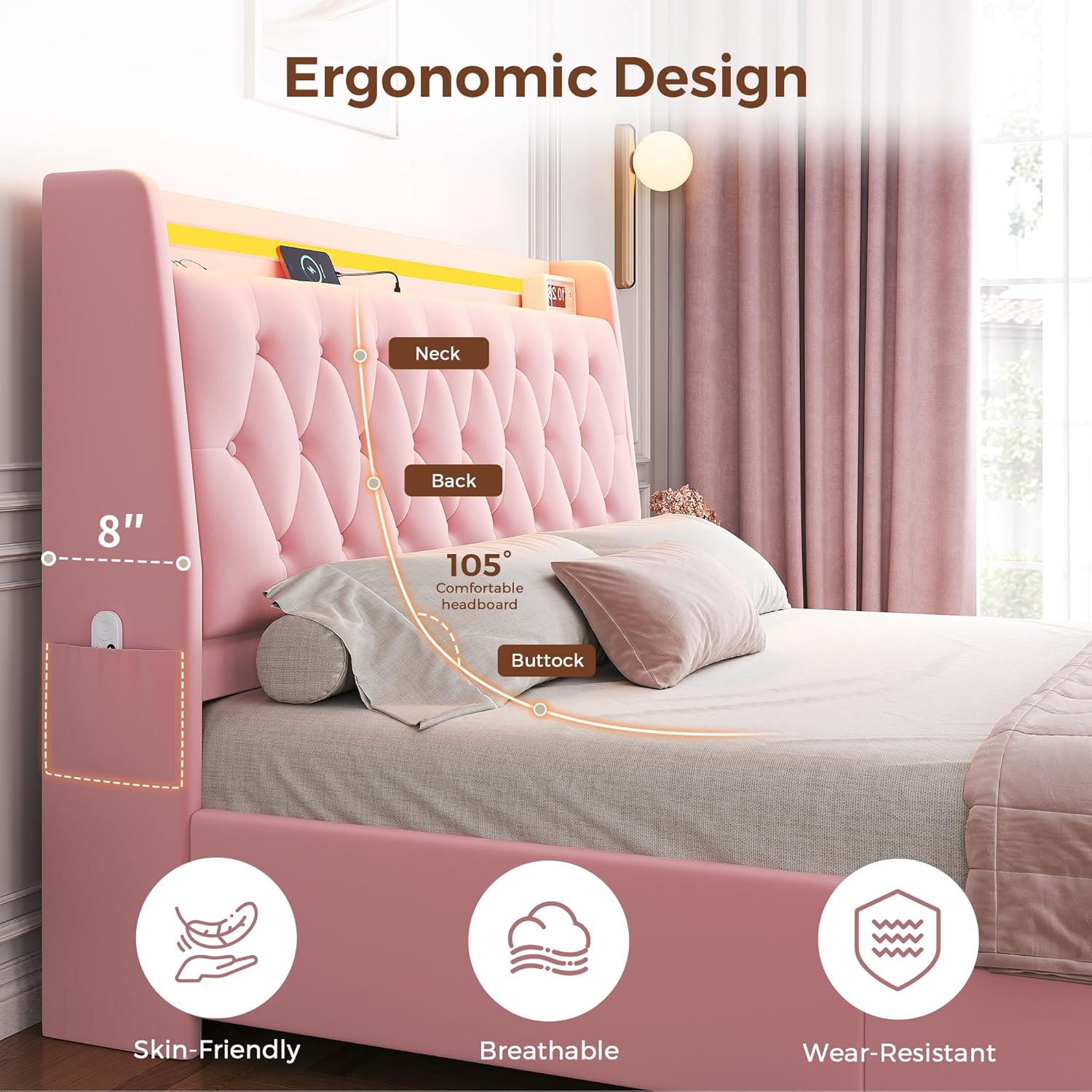 Full LED Velvet Bed Frame with 2 Storage Drawers&Hidden Headboard, Upholstered Platform Bed with Charging Station&Button Tufted Design, Wooden Slats Support, Box Spring Optional, Easy Assembly, Pink