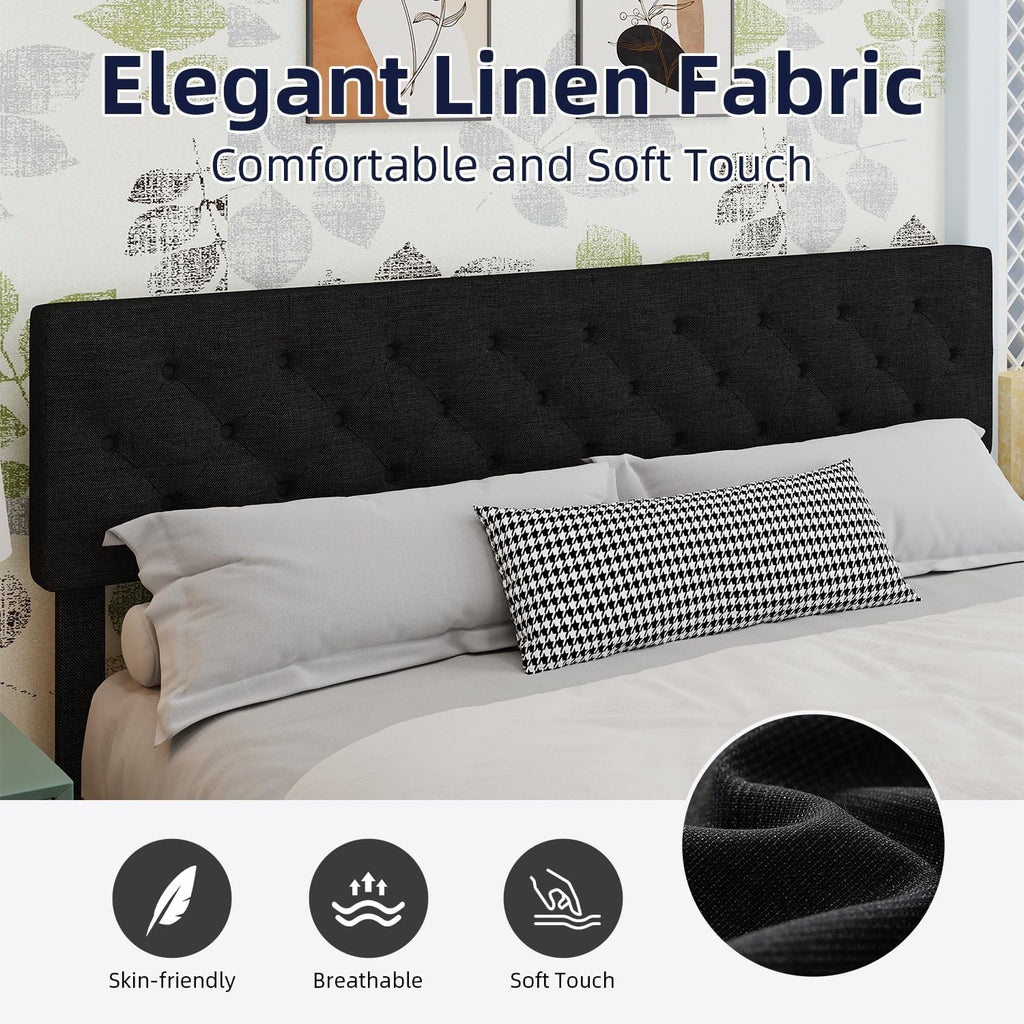 BarnFurin King Bed Frame, Upholstered Platform Bed with Button Tufted Headboard, Fabric Bed Frame with Wooden Slats Support, No Box Spring Required, Easy Assembly, Black