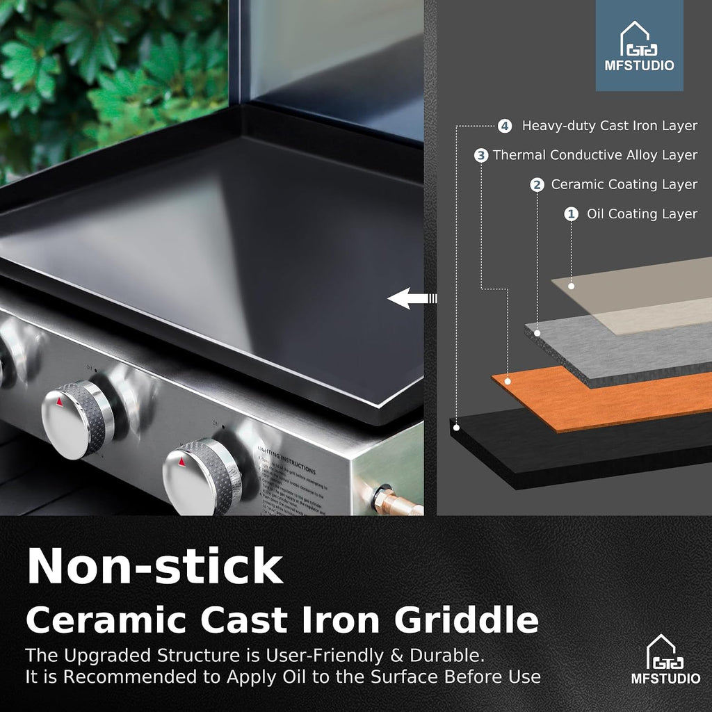 MFSTUDIO 27 Inch Flat Top Propane Gas Griddle Grill, Ceramic Coated Cast Iron Pan, Outdoor Flattop Grill with Lid for Cooking