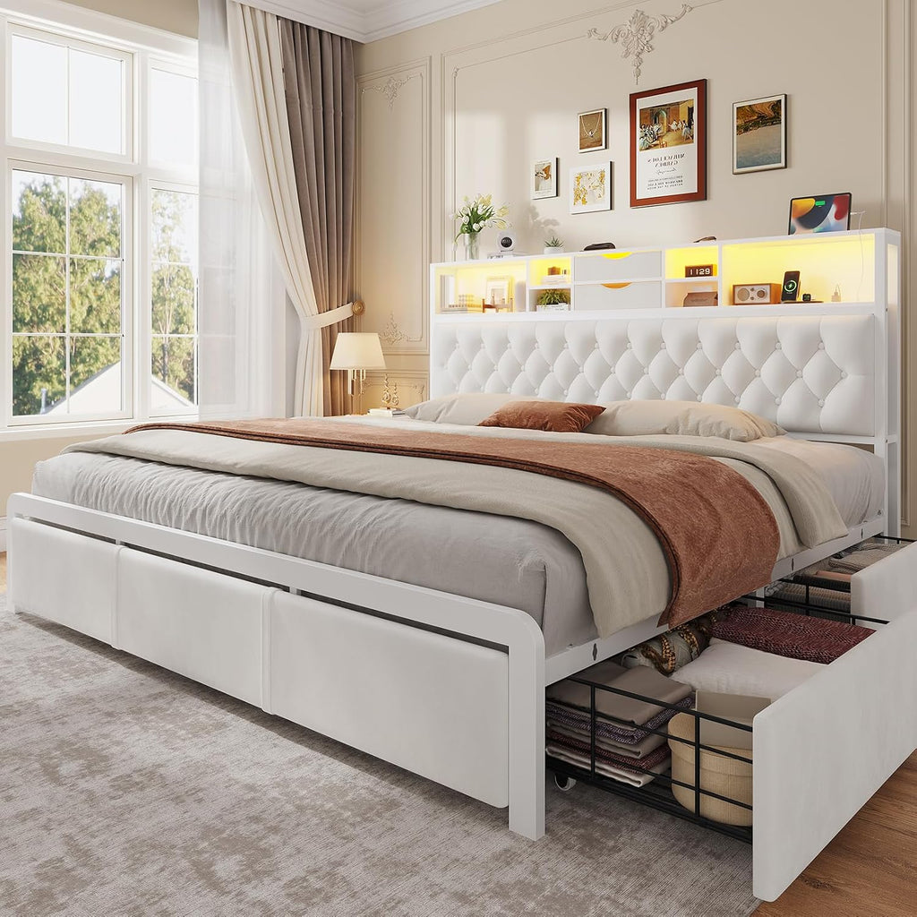 BTHFST King Size Bed Frame with 4 Storage Drawers and Headboard, Velvet Upholstered King Platform Bed with LED Lights & Charging Station, No Noise, No Box Spring Needed, Easy Assembly, Beige