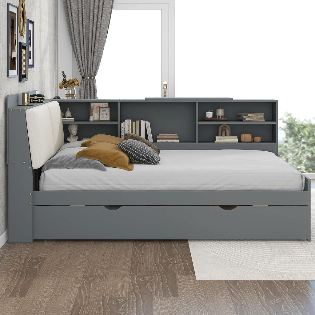Corner Bed Frame with Storage Upholstered Headboard,Bookcase and Trundle,Full Size Floor Platform Bed with Rotatable Storage Board and Slat Support,Grounded L Shape Sofa Bed for Dorm or Guests,Gray