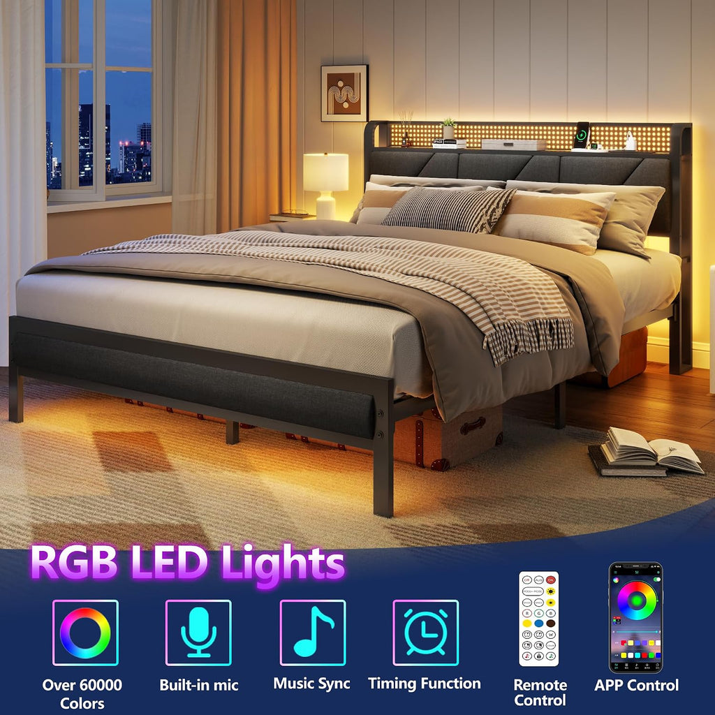 Furnulem Queen Bed Frame with Headboard and Storage Shelf, LED Light and Charging Station, Metal Platform Bed with Heavy Duty Slats, No Box Spring Needed, Noise Free & Easy Assembly