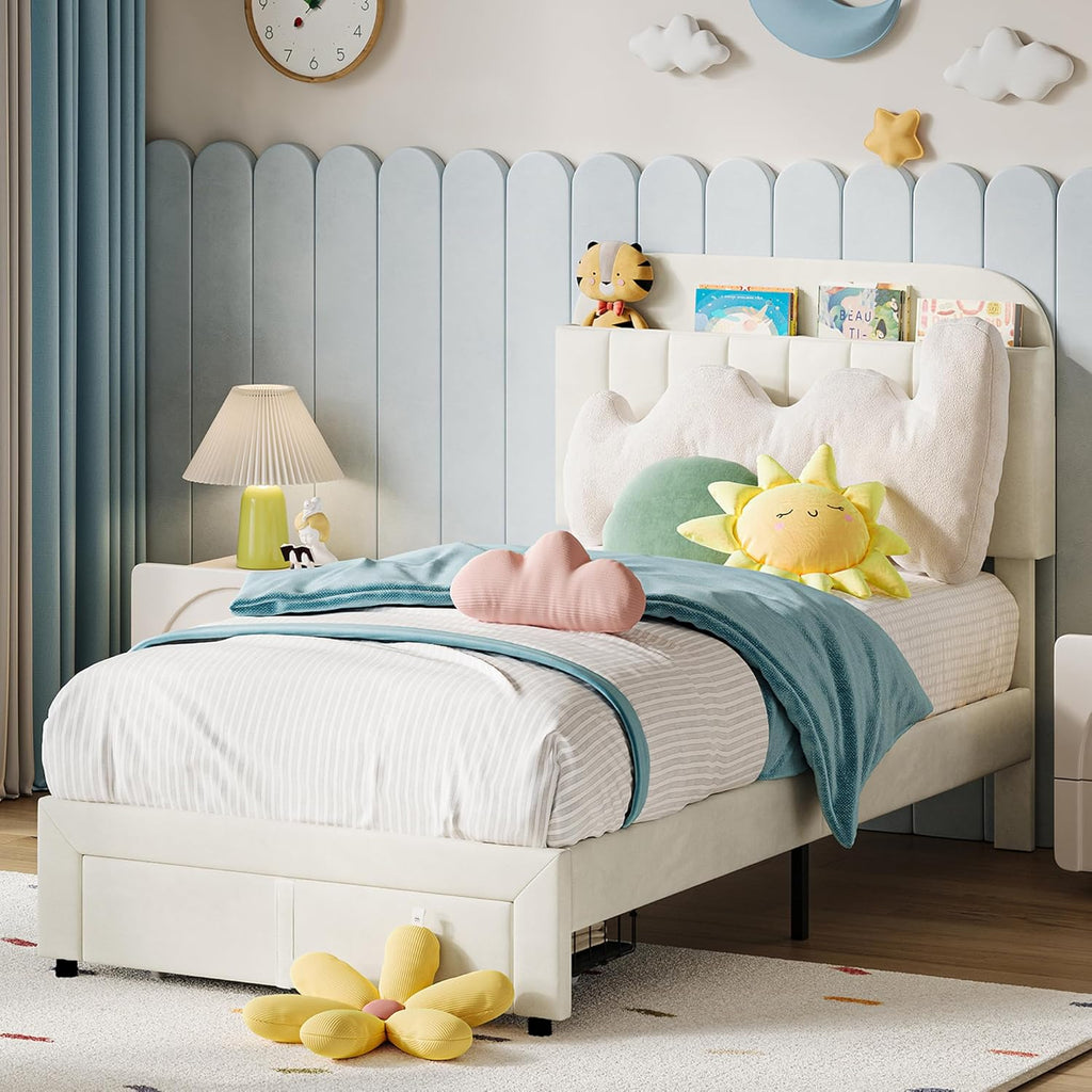 IDEALHOUSE Twin Bed Frame for Kids, Upholstered Platform Bed with Large Storage Drawer and Bookcase Headboard, Girls Boys Bed, Noise-Free, Easy Assembly, No Box Spring Needed, Cream White