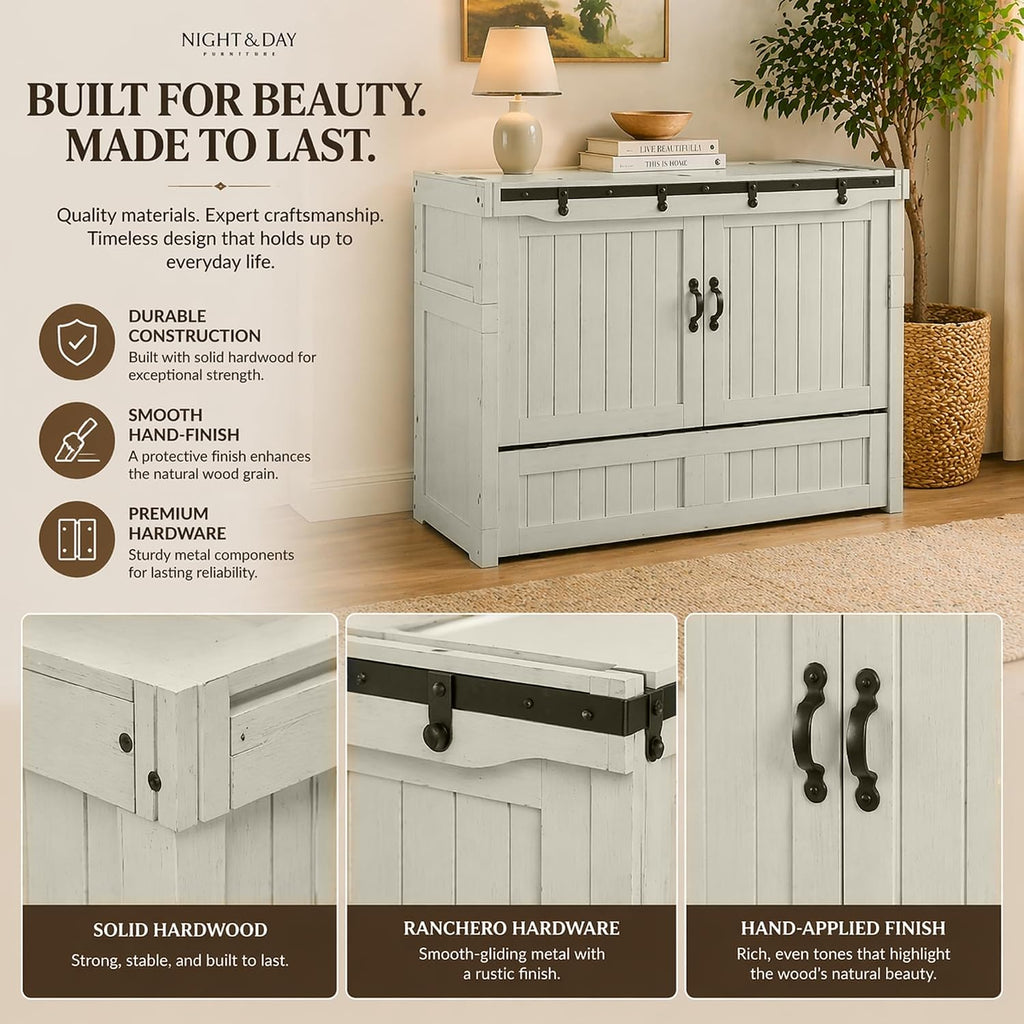 NIGHT & DAY Furniture Rustic Murphy Cube Cabinet Bed (Vintage White w/Ranchero Hardware, Queen)